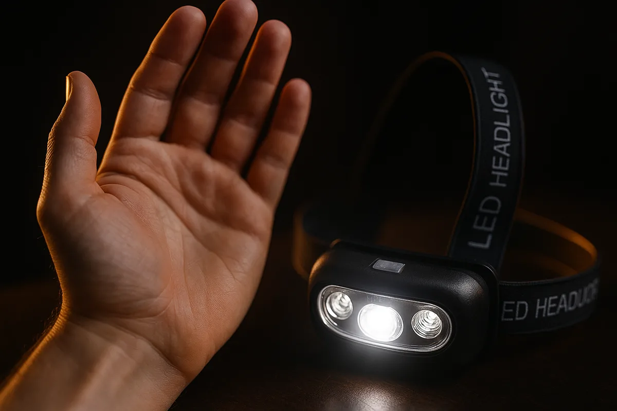 A hand waving in front of the LumenTrail headlamp to trigger its motion sensor